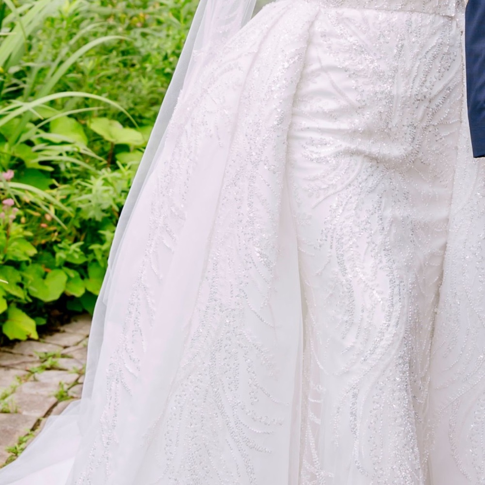 Beaded White Bridal Gown with Draped Skirt
